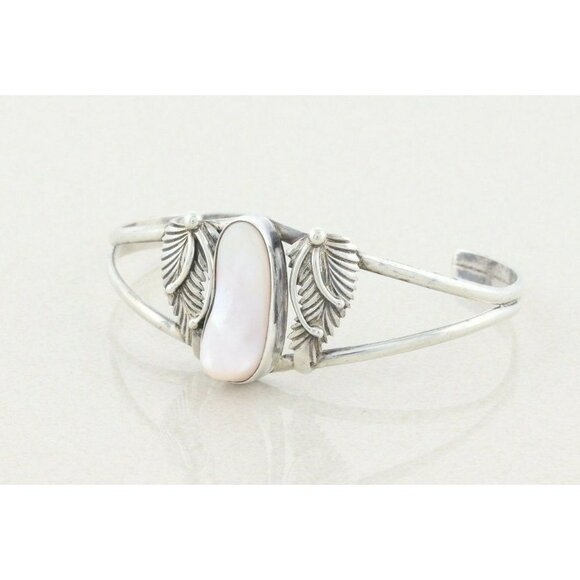 Sterling Silver Mother of Pearl Feather Design Cuff Bracelet 6 3/4 - Picture 5 of 6